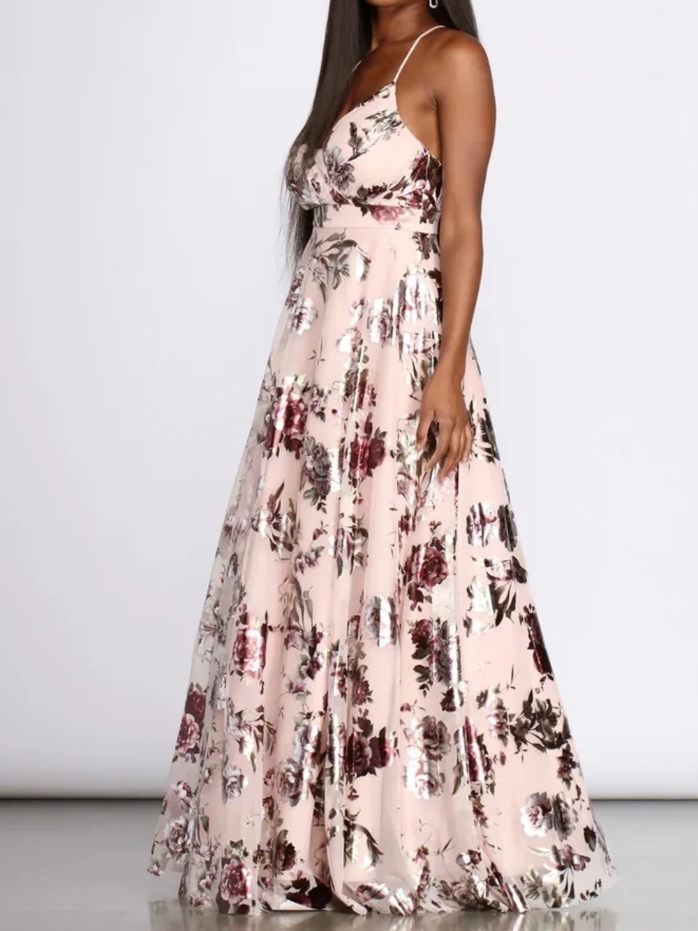 Crystal Doll Blush Pink Floral Metallic Maxi Gown size 7